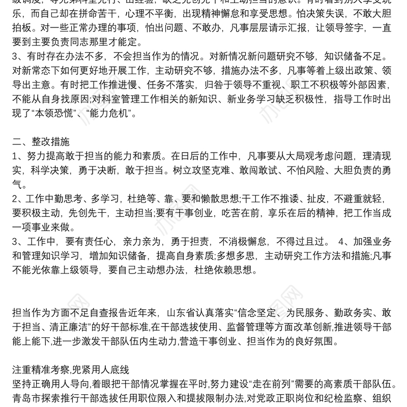 担当作为方面不足自查报告