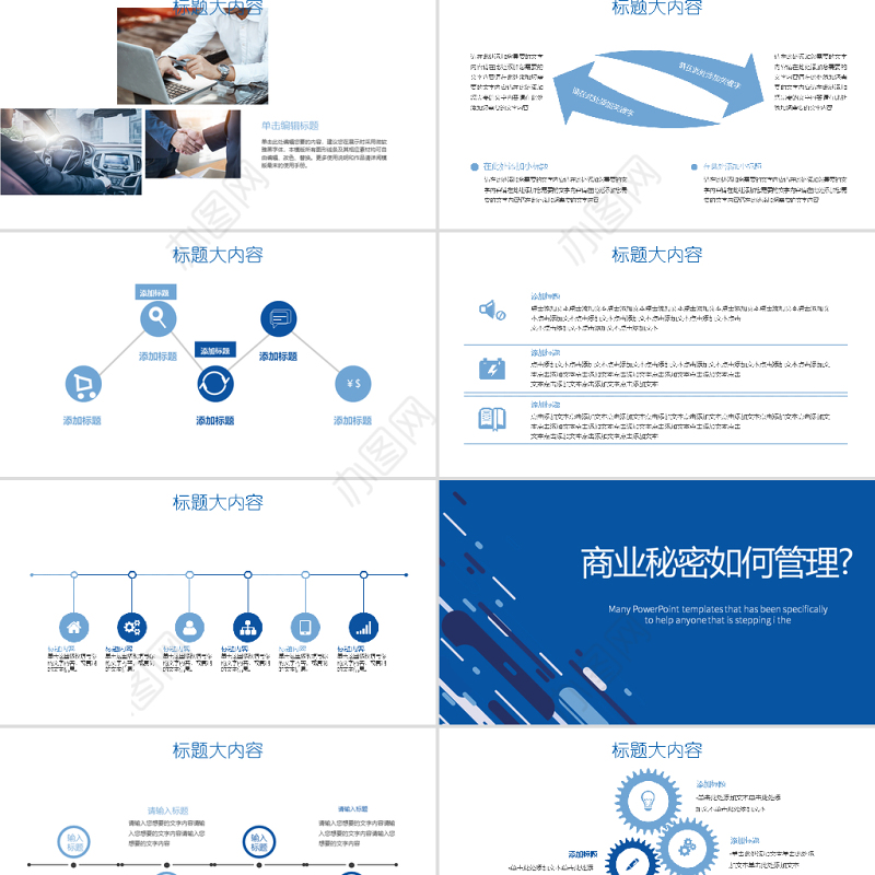 蓝色创意商业秘密保护动态PPT封含PS
