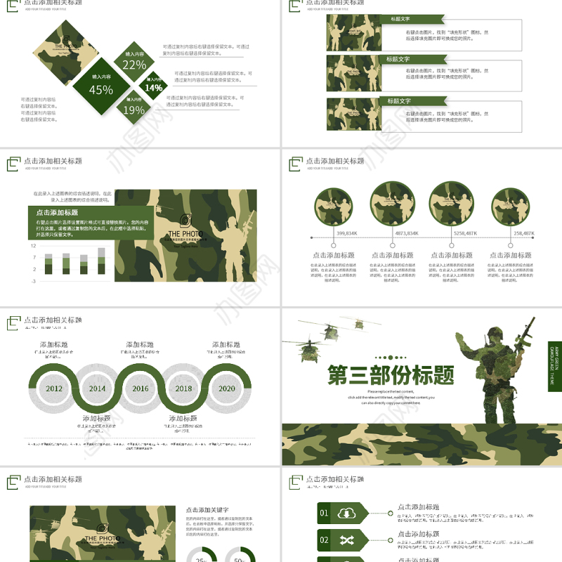 原创迷彩军绿色军人部队主题教育演习PPT模板