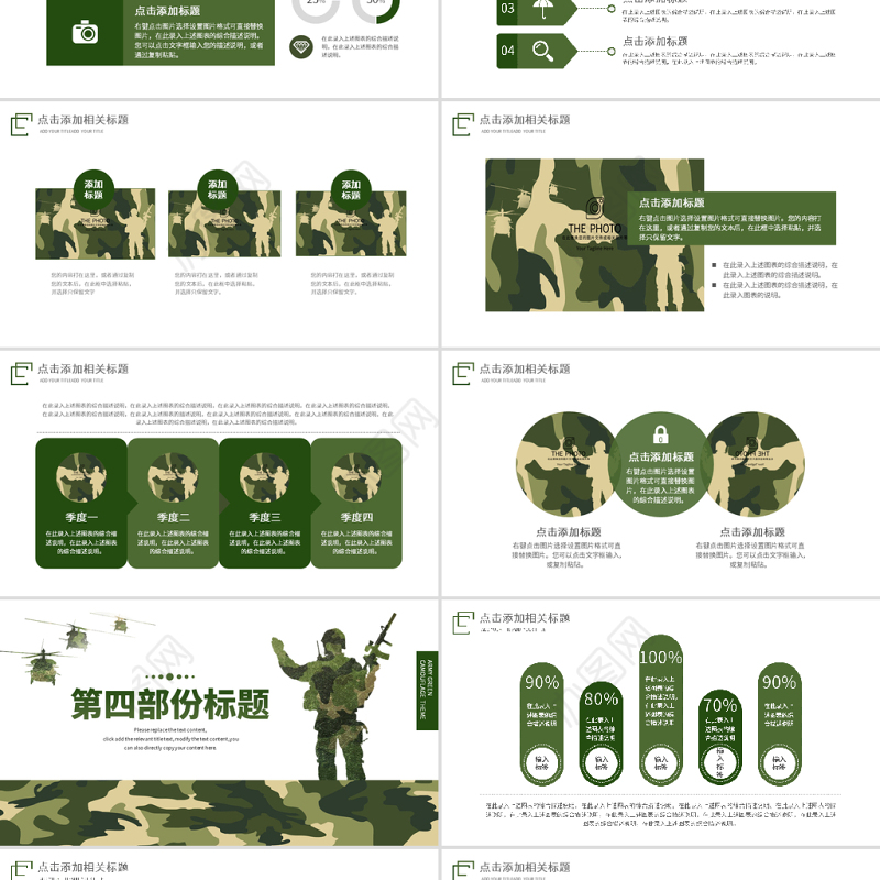 原创迷彩军绿色军人部队主题教育演习PPT模板
