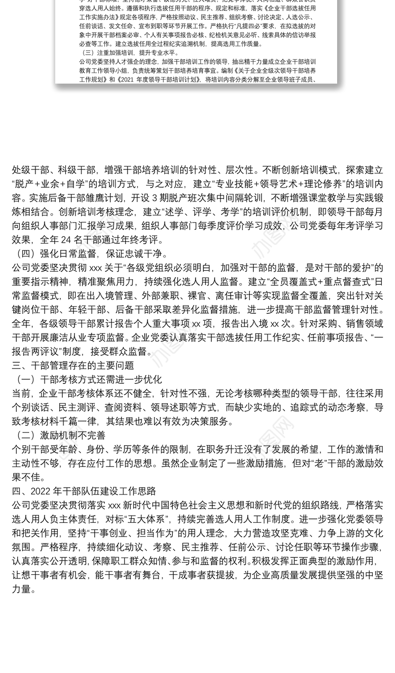 公司党委2021年度干部队伍建设和选人用人工作情况报告（国企）