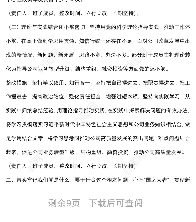 集团公司党委2021年专题民主生活会领导班子整改方案