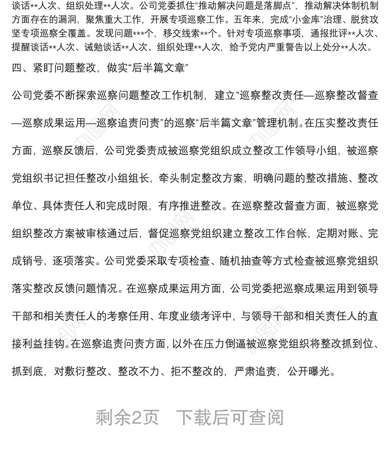 某国有企业党委一届任期巡察工作总结报告