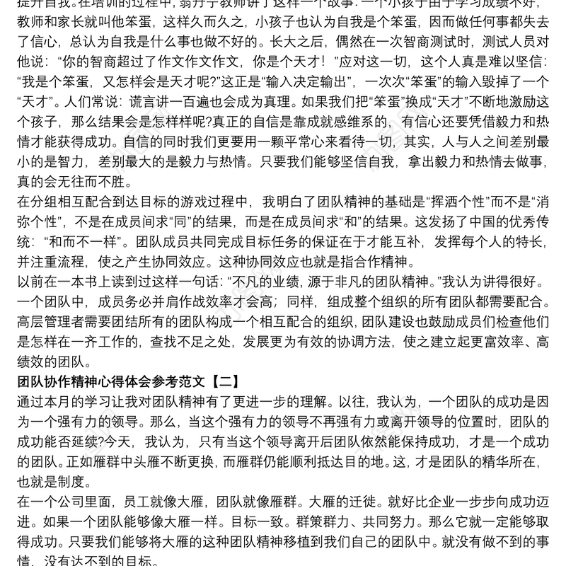 团队协作精神心得体会参考范文