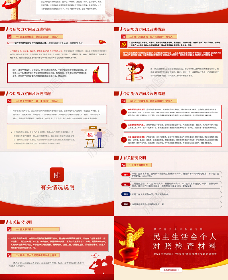 书记党史学习教育专题民主生活会个人对照检查材料PPT红色精品党政部门党支部教育专题党课模板