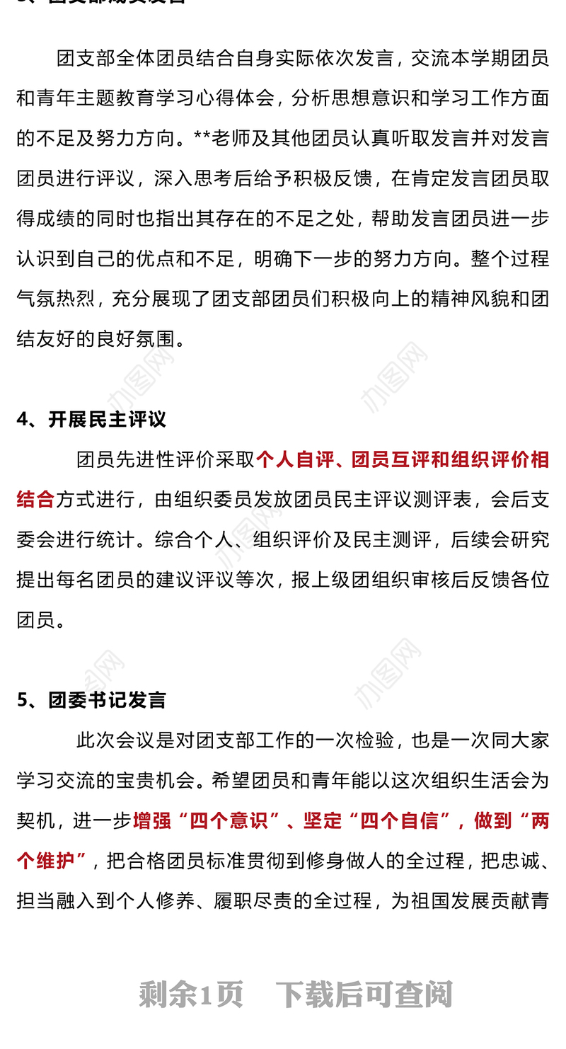 2023年度团员和青年主题教育示范性专题组织生活会PPT模板下载(讲稿)