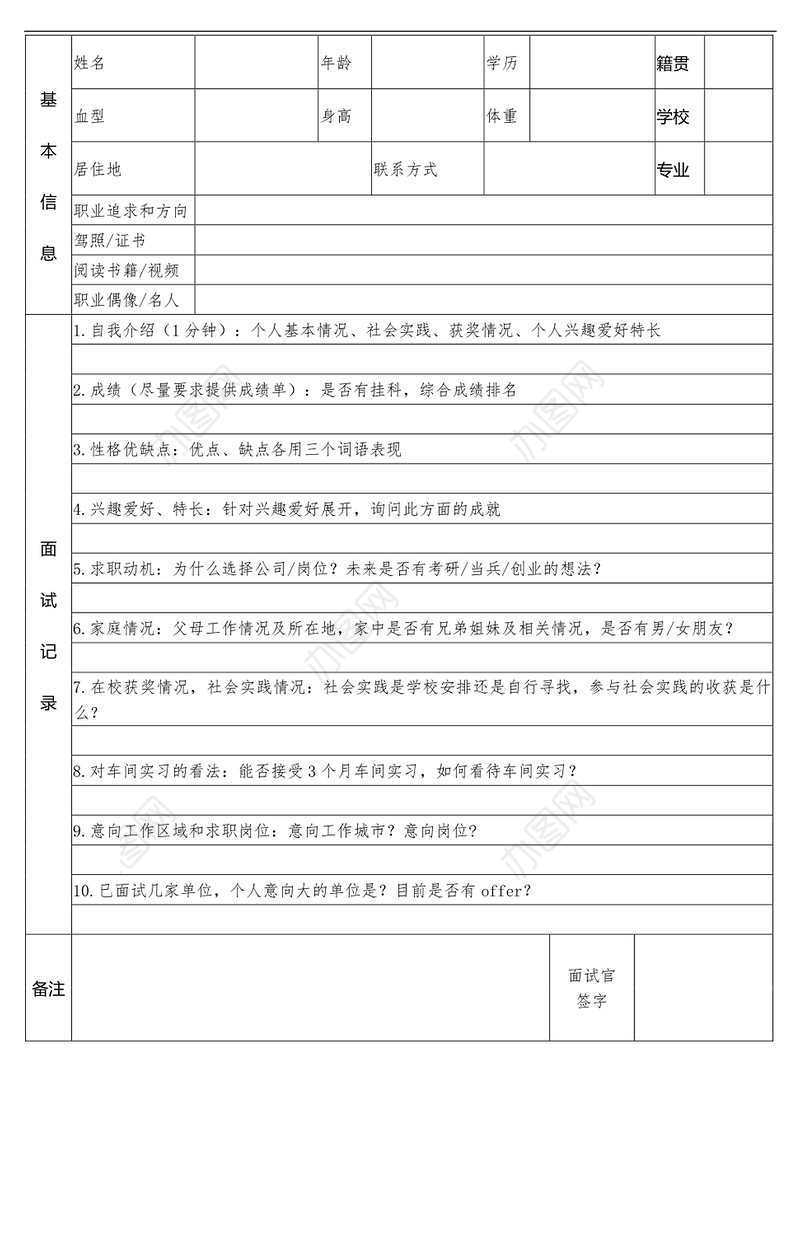 面试人员登记表2篇工作材料