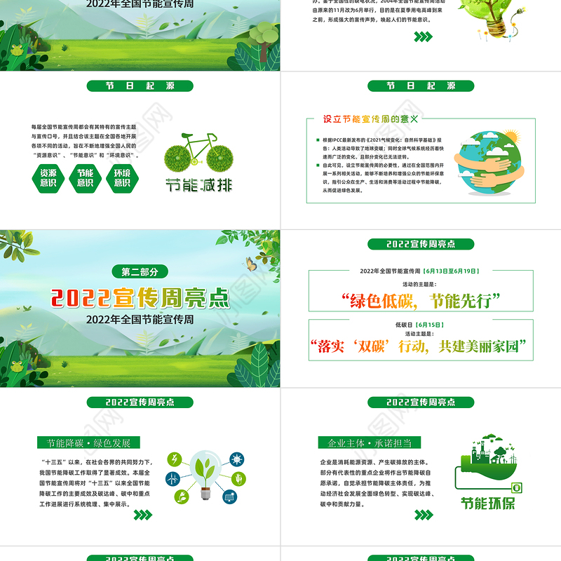 2022节能宣传周PPT小清新绿色低碳节能先行落实双碳行动共建美丽家园节能主题班会模板