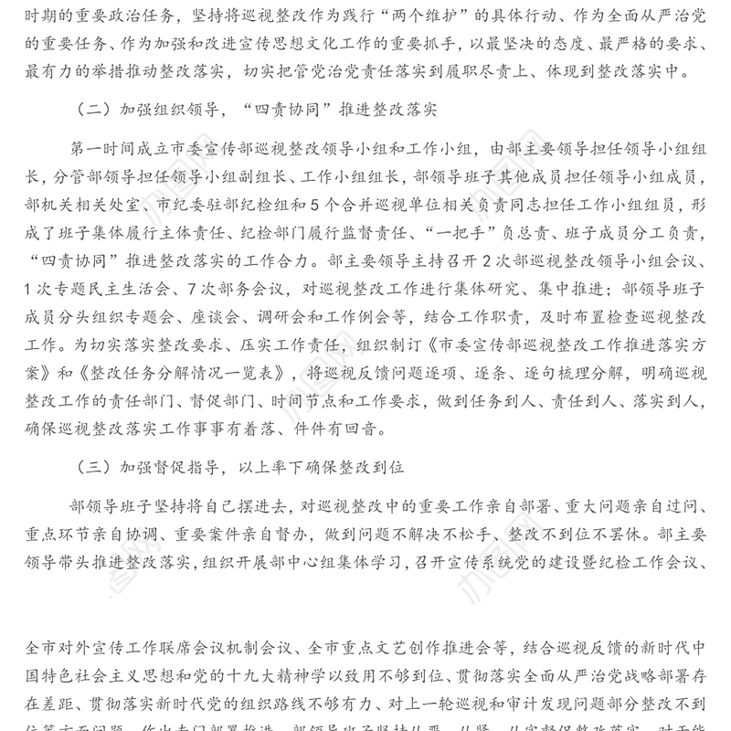 关于巡视整改工作进展情况报告