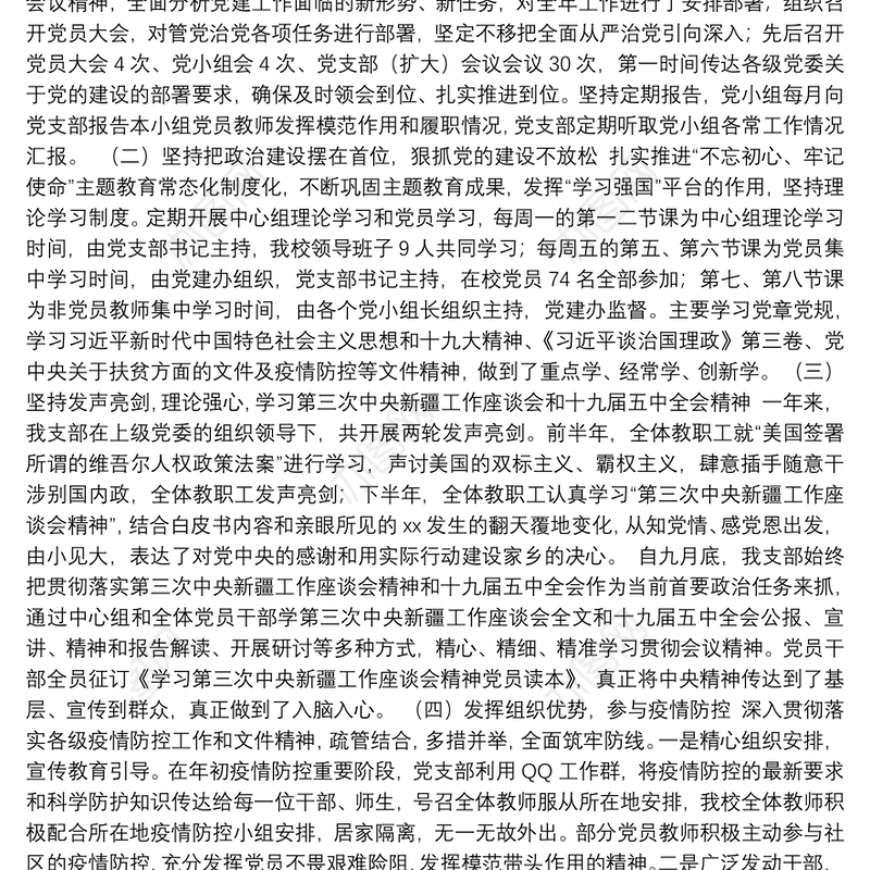 X中学2020年党支部书记抓党建述职报告