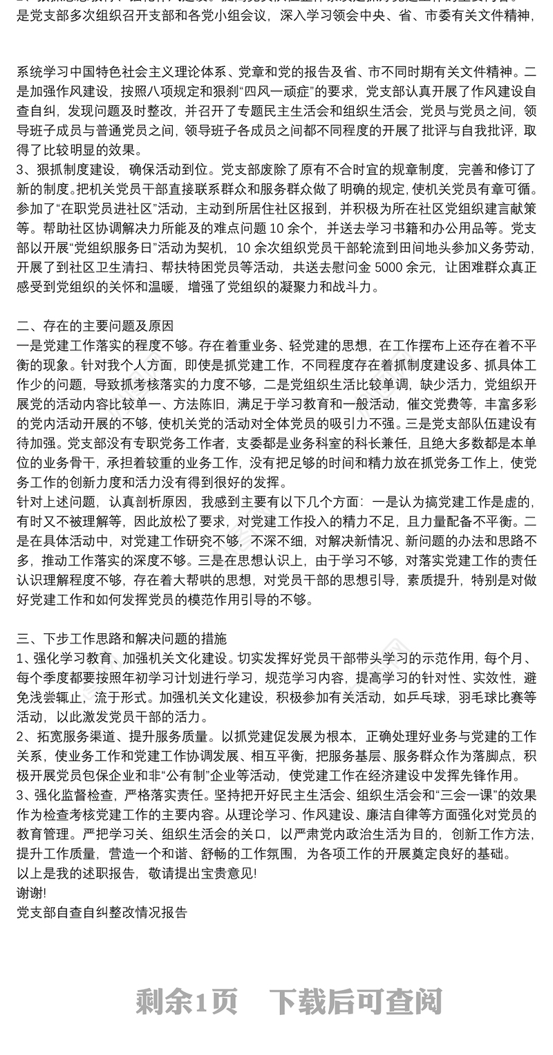 党支部自查自纠整改情况报告