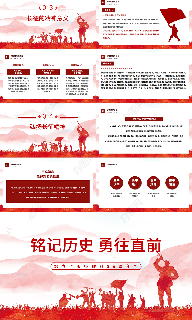 2022铭记历史勇往向前PPT红色大气风纪念长征胜利86周年专题党课课件模板