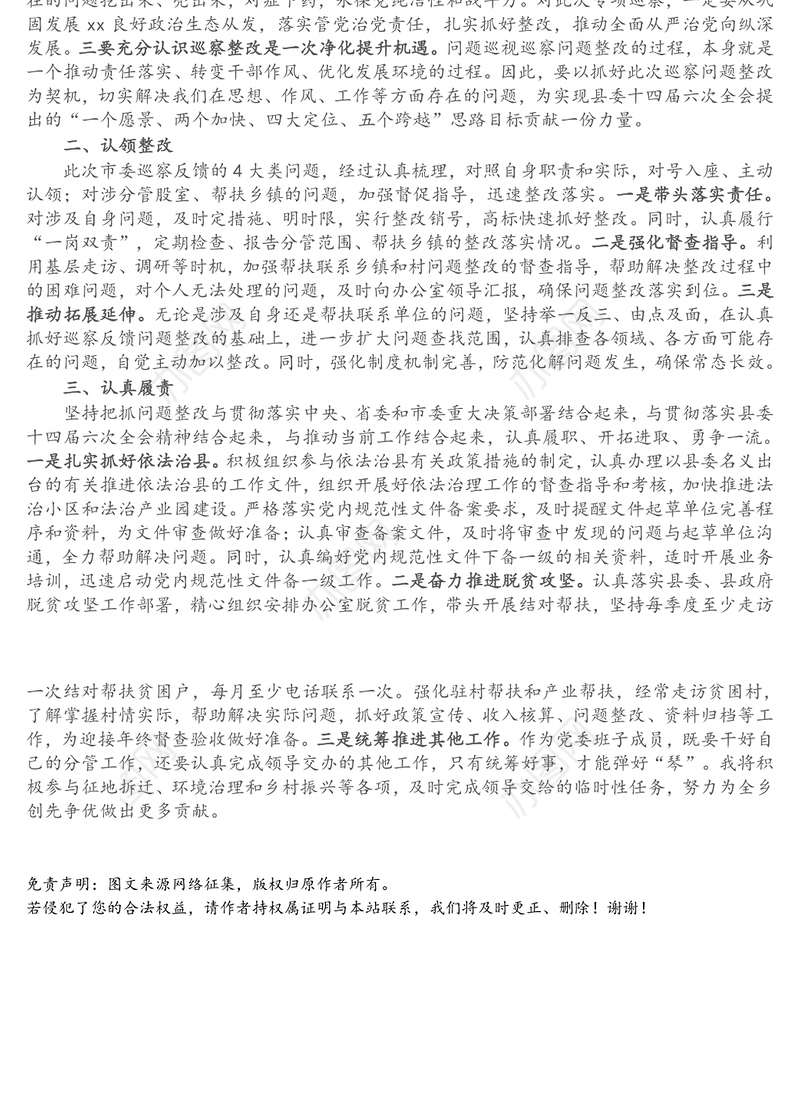 乡镇党委领导班子巡察整改专题民主生活会学习研讨发言