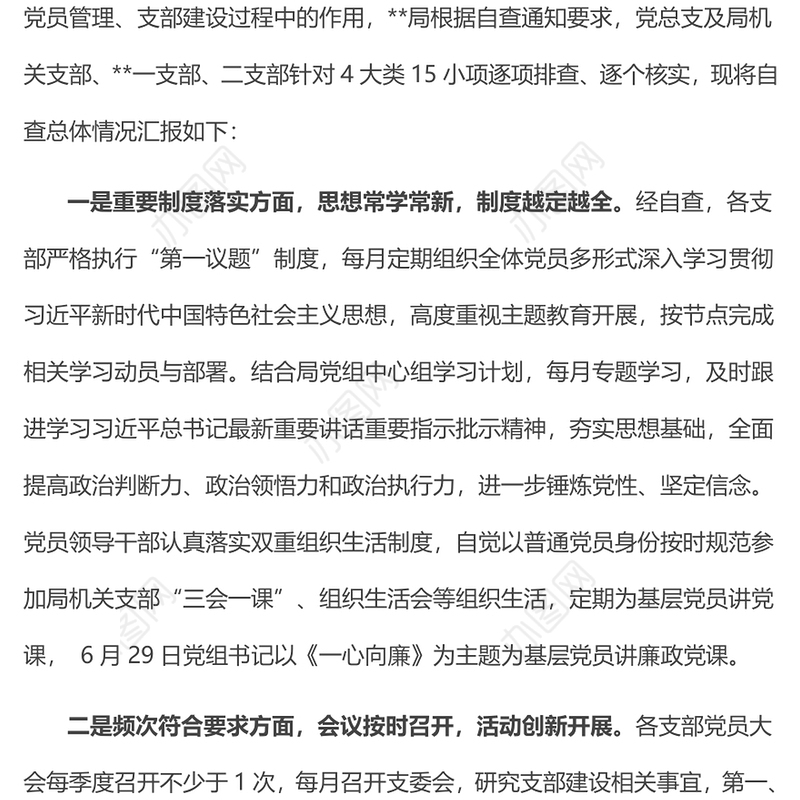 党支部2023年组织生活落实情况自查报告PPT模板(讲稿)