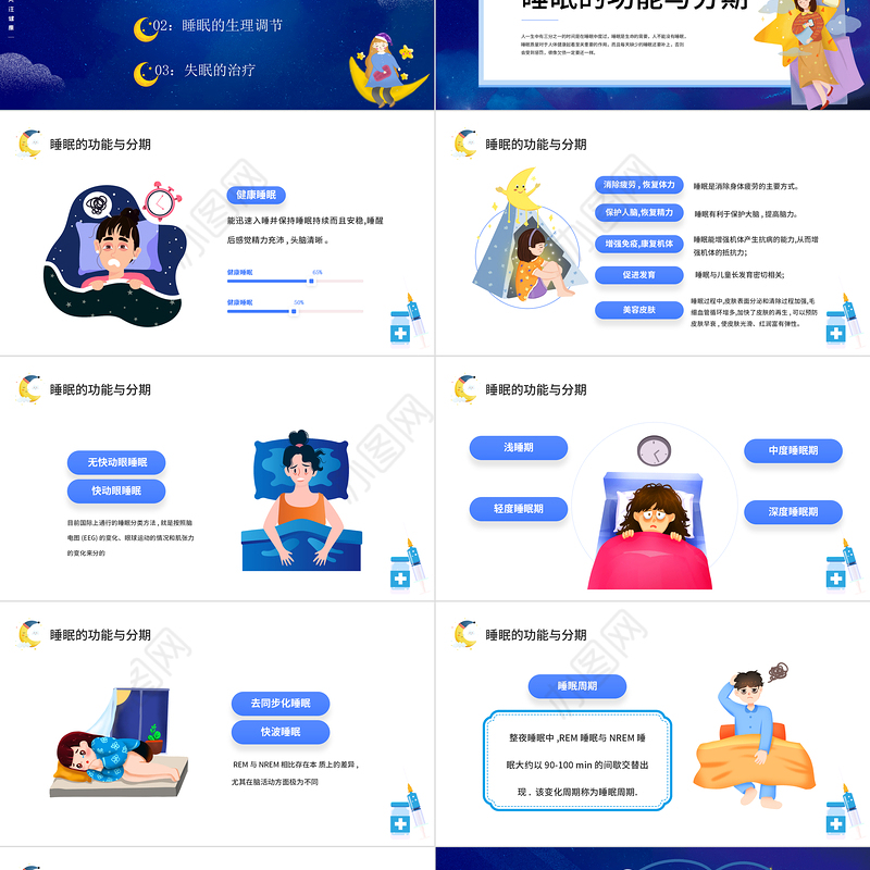 2022失眠的防治PPT蓝色卡通风失眠的防治宣传讲座课件模板