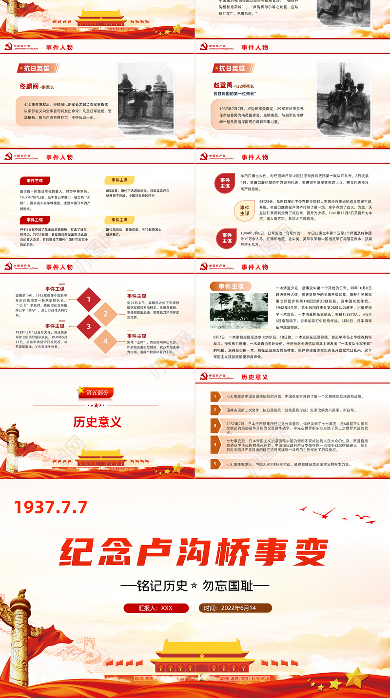 纪念卢沟桥事变PPT党政风纪念卢沟桥事变铭记历史专题党课课件模板