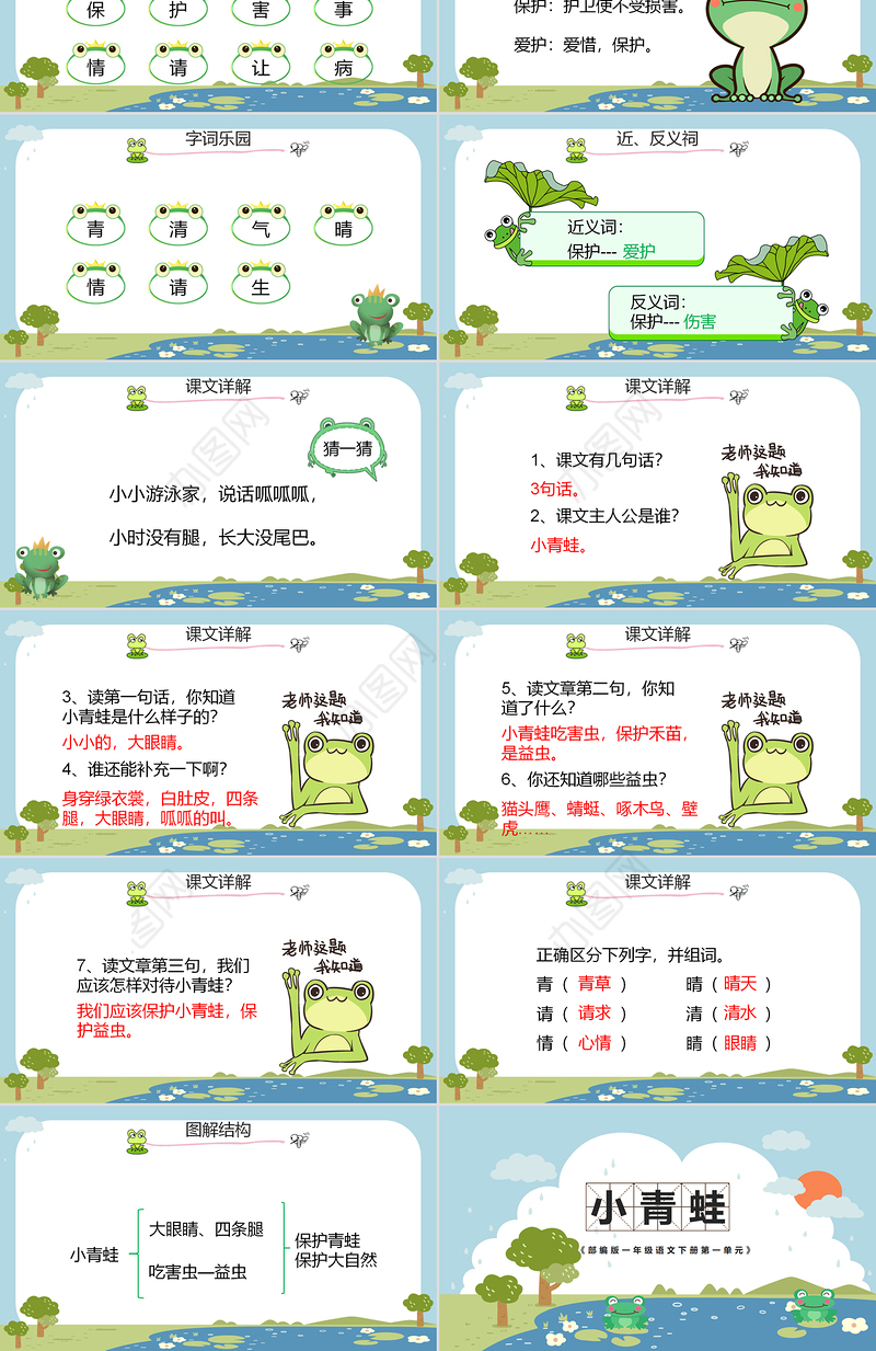 2022小青蛙PPT卡通风识字第3课小学一年级语文下册人教版教学课件