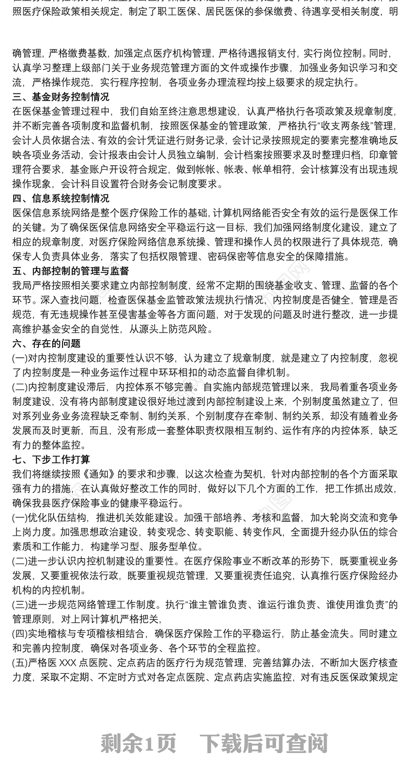 内部控制工作自检自查报告