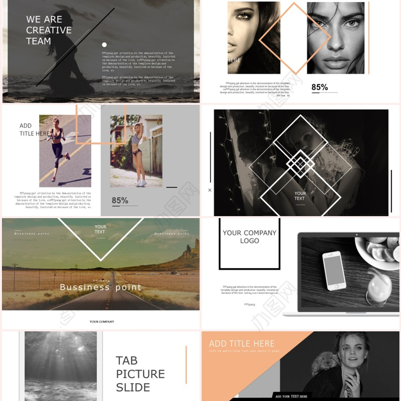 高端欧美网页杂志风图文演示PPT模板