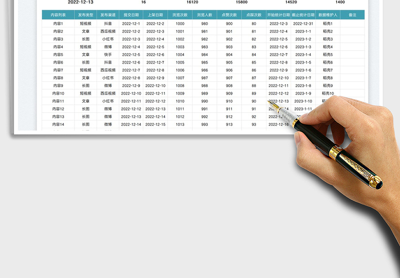 自媒体内容数据统计表免费下载