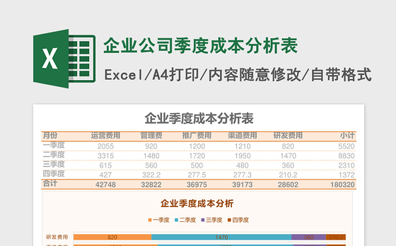 企业公司季度成本分析表Excel模板