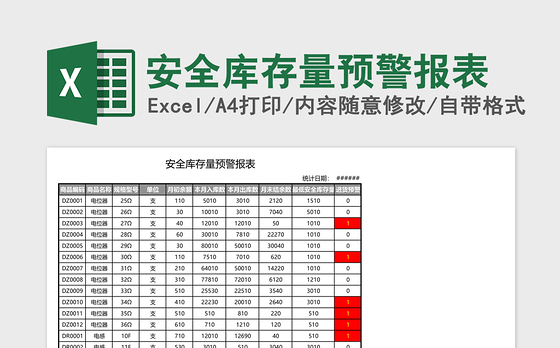 安全库存量预警报表Excel模板