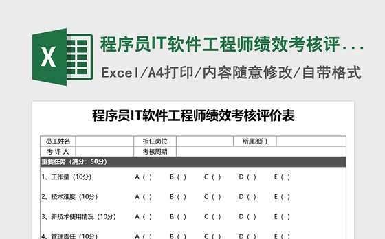 程序员IT软件工程师绩效考核评价表Excel表格