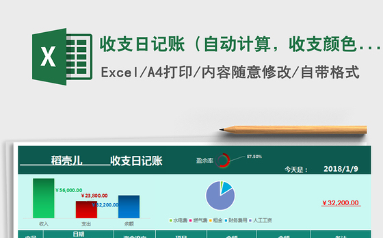 2021年收支日记账（自动计算，收支颜色区分，项目可自定义）