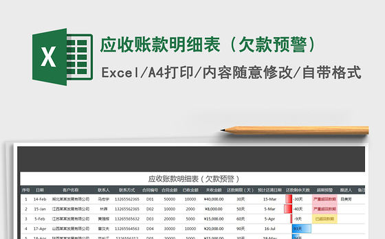 2022年应收账款明细表（欠款预警）免费下载