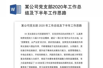 某公司党支部2020年工作总结及下半年工作思路