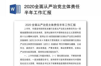 2020全面从严治党主体责任半年工作汇报