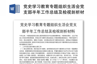 党史学习教育专题组织生活会党支部半年工作总结及检视剖析材料