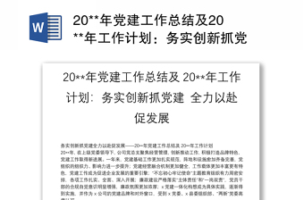 20**年党建工作总结及20**年工作计划：务实创新抓党建 全力以赴促发展