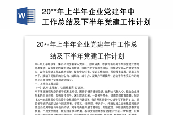 20**年上半年企业党建年中工作总结及下半年党建工作计划