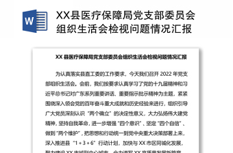 XX县医疗保障局党支部委员会组织生活会检视问题情况汇报