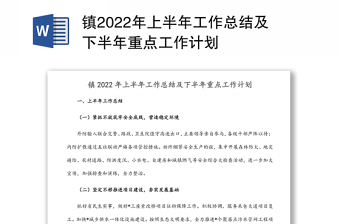 镇2022年上半年工作总结及下半年重点工作计划