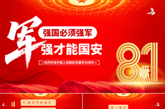 红色精美强国必须强军军强才能国安PPT八一建军节热烈庆祝建军98周年专题课件下载