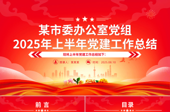 红色精美某市委办公室党组2025年上半年党建工作总结PPT模板